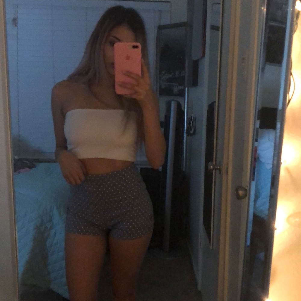 Polka dot denim shorts